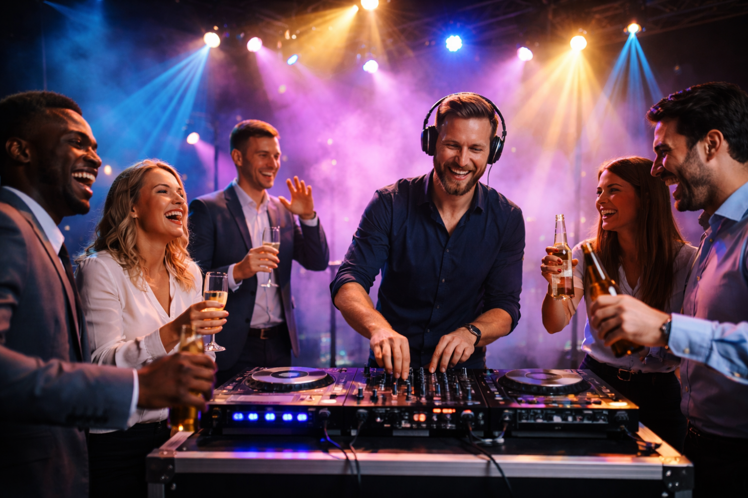 Vue générale d’une animation DJ avec piste de danse et éclairages événementiels