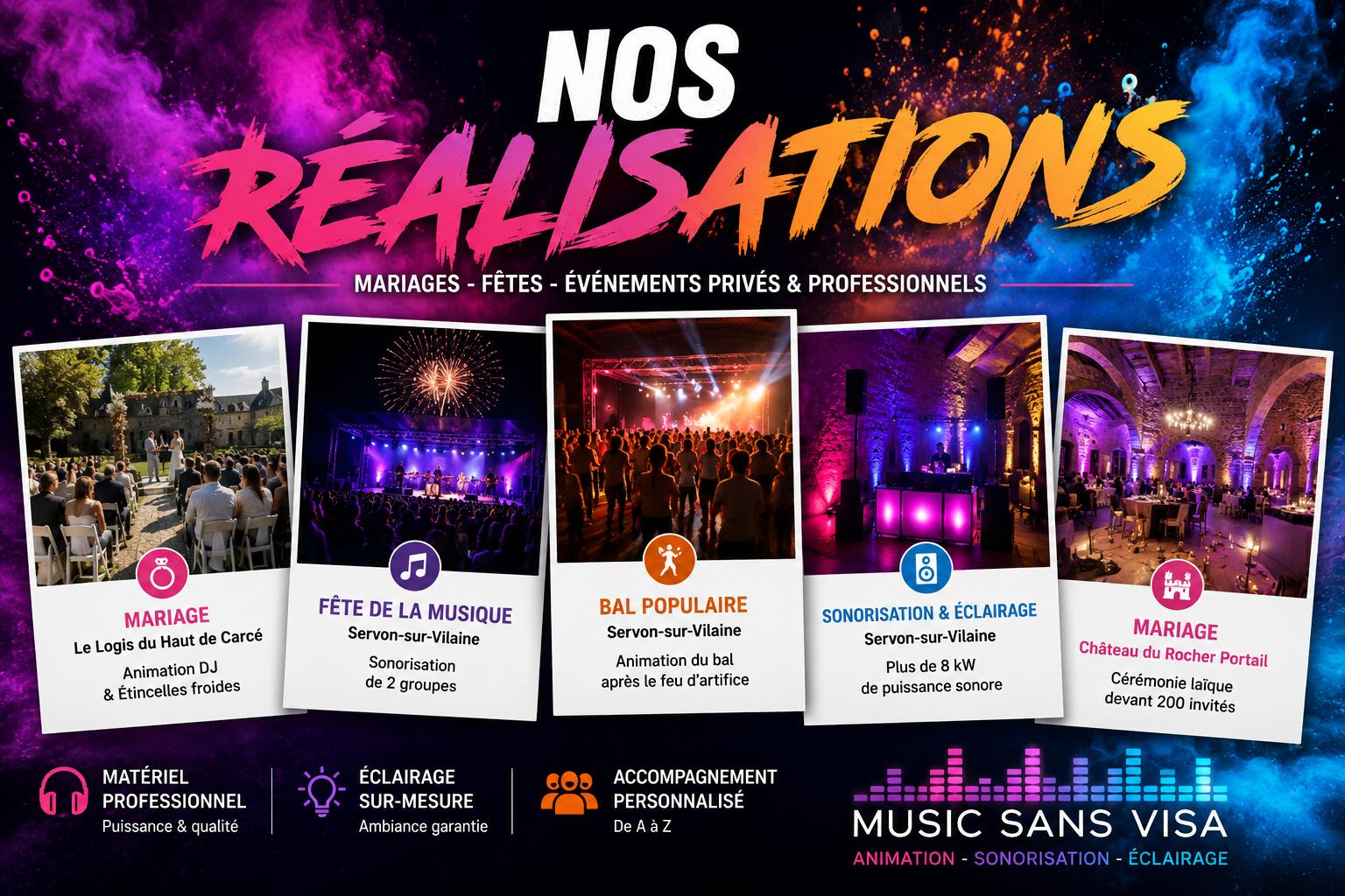 Illustration des réalisations de Music Sans Visa : mariages, fêtes, événements privés et professionnels avec animation DJ, sonorisation et éclairage.
